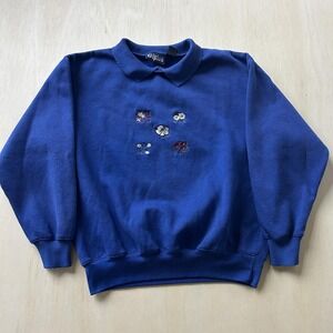 Vintage‎ Triples Sweater Womens Medium Blue Collared Fleece Embroidered Floral